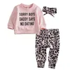 Baby Leopard Clothing Set Infant Long Sleeve Letter Sweatshirt Top + Pants Bowknot Headbands 3pcs/set Outfits Kids Clothes