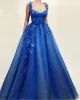 Sexy elegante azul royal A Line Prom Dresses V Neck Lace 3D Floral Sweep Spaghetti Straps Dress Vestido de noite vestidos formais feitos personalizados feitos