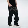 Herr jeans harajuku front pistol brev broderi vibe stil mens denim byxor streetwear överdimensionerade lösa casual parbyxor