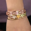 Gold Color Fashion Wide Band Open Bangle Bracelet For Women Paved Rainbow Cz Hollow Evil Eye Heart Engraved Cuff Bangles Jewelry
