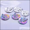 Charms Jewelry Findings Components 1/2Pcs Fashion Round Coin Rose Flower Pattern Bump Butterfly Pendant Stainless Steel Sier Rainbow Color