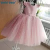 Nieuwe perzik roze bloemenmeisjes jurken voor bruiloft kralen Backless verjaardagsfeestje avondjurk tule prinses bal jurk vestidos