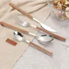 Western Food Steak Knife Fork Spoon Table Seary Wood Handle Coffee Milk Stir Scoop Fruit Salad Fork Kök Cake Soup Spoons BH6706 WLY