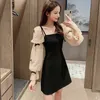 French Elegant Party Night Woman Mini Dress Patchwork Mesh Puff Sleeve Bow Sweet Girls Black Short Dresses Women Clothes Vestido 220317