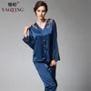 Yao Ting Women Pyjamas Two Piece Long Sleeve Pants Spets Decoration Silk Tyg Fritid Hemkläder V Neck Design Nightgown LJ200822