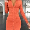 Articat Autumn Casual Women's Dresses Vintage BodyCon Single-Breasted Summer Dress Simply Ruched Y2K Women's Clothing 220409