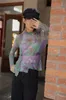 チョートアート美学クルーネック長袖メッシュトップパープルグリーンブラウスの女性パッチワークトップファッション服220516
