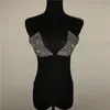 Kvinnors Badkläder Sparkly Rhinestone Två Piece Set Sexy V-Neck Bandage Bra High Cut Thong Panty Sommar Mode Bikini Outfits för Lady