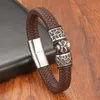 Charm armband retro stil skalle vävt läder armband för män rostfritt stål magnetiska lås mode smycken armbanden gåvacharm