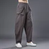 Pamuk Keten Pantolon Erkekler Katı Elastik Bel Street Giyim Joggers Bol eşofmanlar Çin tarzı gündelik pantolon erkekler