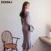 2022 herbst winter dicke meerjungfrau maxi pullover kleid frauen oansatz lange pullover kleid elegante weibliche a-linie schlank sexy strickkleid 220317