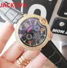 High Quality Mens Full Diamonds Iced Out Watches 48MM All the Dials Work Stopwatch Quartz Genuine Leather Sapphire Scratch Resistant