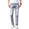 Jeans pour hommes, petits pieds, Slim, marque de mode, diffusion en direct, gris clair, pantalon polyvalent délavé