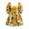 Mulher Puff Dress Sleesess Dress Van Gogh Gunflower Impressa Pleated Square Collar Dress S-XL