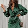 Dulzura Solid Satin Women Long Long Deck Ruched Wrap Mini Dress Bodycon Sexy Party Elegant Autumn Winter Collections W220421