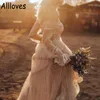 Champagne Country Western Wedding Gowns With Long Sleeves Retro Cowgir V-Neck Bohemian Lace Bridal Dresses Sweep Train Tulle A Lin2472