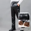 Men's Pants TSINGYI Winter Black Faux Leather Men Straight High Elastic Waist Windproof Thicken Fleece Basic Trousers Male Clothing