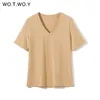 WOTWOY Summer Knitted V-Neck T-Shirt Women Cotton Basic Solid Tee Shirt Female Short Sleeve Kintwear Tops Harajuku Tshirt Ladies 220525