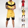 Mens korte sets zomer casual zomer kleding 2 stuk set colorblock track pakken mannelijke t-shirt + shorts katoen mannen trainsuits