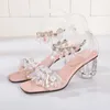 2022 women Ladies Genuine sandals PVC dress shoes 7.5CM Transparent chuckly high heels peep toe wedding party buckle Strap bead diamond Retro Mary Jane sheepskin