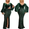 Plus Size Jurken Voor Vrouwen Feestavond Jurk Sexy Fluwelen V-hals Glinsterende Pailletten Split Vork Terug Rits Elegante 5xlPlus