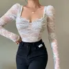 Women's T-Shirt Women Bustier Lace T-shirts Fashion Black White V Neck Long Sleeve Transparent Top Sexy Elegant Office Lady Blouse Female 20