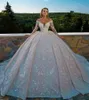 Sexy Glitter Dubai Arabia Ball Gown Abiti da sposa Maniche lunghe Perline Pizzo Appliqued Plus Size Abiti da sposa su misura Crystal Robe de mari￩e