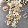 Women039s zweiteilige Hosen 3pcs Hose Sets Frauen 2022 Frühlings Sommer Blumendruckblusen Tops Weste und Weitbeinanzüge FASH7126276