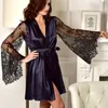 Women's Sleepwear Ladies Night Gown With Detachable Belt Long Transparent Sleeve Lace Smooth Sexy Bridesmaid Bride Party Satin GownWomen's