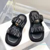 Pantoufles plates de haute qualité mode sandales en cuir véritable plis élastiques deux bandes femmes chaussure 3CM fond épais chaussures décontractées