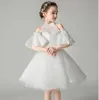 Kız Elbiseleri Uzun Boncuklar Tül Çiçek Kız Elbise Yarım Kollu Düğün Güzellik Pageant Balyt Balyt Balyt Balo Gown Çocuklar Prenses Cemaat
