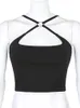 Sweetown Black Solid Cut Out Crop Top Female Slim Sexy Rave Party Clubwear Cross Choker Summer Tops For Women Casual Sweats Tees 220607