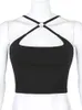 Sweetown Black Solid Cut Out Crop Top 여성 슬림 섹시 레이브 파티 클럽웨어 크로스 choker 여름 상판 여성 캐주얼 땀 티 220607