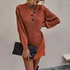 Women Winter Long Sleeve Sweater Dress V Neck Button Knitted Tunic Top Pullover Warm Fashion Tops Casual Dresses