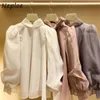 Neploe Sweet Stand Collar Puff Sleeve Chiffon Shirt Autumn Japan Style Allmatch Women Blouse Chic Bow Drawstring Blusas 210401