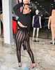 2022 Summer Stripe Printing Mesh Casual Pants For Women Skinny Slim See Through Sexy Thin Trousers 1756