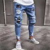 Jeans pour hommes 2022 hommes empilés crayon déchiré maigre mode masculine dessin animé Denim pantalon Hip Hop Vintage petit ami Streetwear pantalon bleu