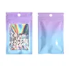 100pcs lot Gradient Color Flat Zipper Bags Holographic Aluminum Foil Pouch Jewelry Cosmetics Gift Retail Bags with Hang Hole