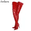 Sorbern Kırmızı Timsah Kasık Uyluk Çizmeler Kadın Stilettos Yüksek Topuk Sivri Burun Uzun Boot Unisex Özel Mil Uzunluğu ve Genişliği