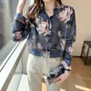 Женские блузкие рубашки осень женская рубашка цветочная шифоновая шифоновая длинная рукава свободная корейская версия ретро -принт одиночной грудью рубашки.
