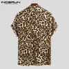 Summer Short Sleeve Leopard Print Shirt Men Lapel Neck Loose Button Up Blouse Breathable Streetwear Sexy Shirts Men INCERUN 220621