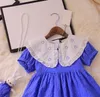 Fashion-Royal Blue Fashion Girls Abiti Collare per bambole a maniche corte di qualità Abbigliamento per bambini in puro colore estivo The Rabbit Doll Design Childre