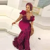 African Women Evening Dresses With Sheer Neck Appliques Beads Plus Size Prom Short Sleeves Ruffles Shoulder Formal Gowns
