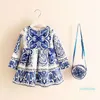 Fashion-Long Sleeve Dress Girl Christmas Autumn Winter Floral Print Toddler Dresses Kids Clothes Children with Bag