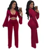 Women's Jumpsuits & Rompers Plus Size Enteritos Mujer 3XL Sexy Flare Full Sleeve Crop Tops With Wide Leg Pant Women Hollow Out 2 Piece Set J