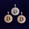 Iced Out CZ Round Bitcoin Letter B Necklaces & Pendants Men's Hip Hop Jewelry Gold Silver Color For Gift