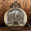 Relojes Steampunk Hollow Out Paris Cover Hombres Mujeres Reloj de bolsillo analógico de cuarzo Collar Cadena Número árabe Reloj coleccionable