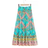 Jastie Bohemian Print Stitch Cotton Long Skirt Elastic High Waist Ruched Pleated Stoin Skirts Holiday Beach Women Close 220510
