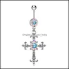 Body Arts Tattoos Art Health Beauty Dangle Cross Belly Button Rings Stainless Steel Fake Gem Inlaid Piercing Navel Barbe Dh20O