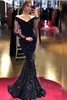 Paillettes scintillanti Abiti da sera a sirena con maniche lunghe Nero con spalle scoperte Tulle Pizzo Appliqued Abiti da festa di promenade Arabo Aso Ebi Robe de Soiree BC10799 0812